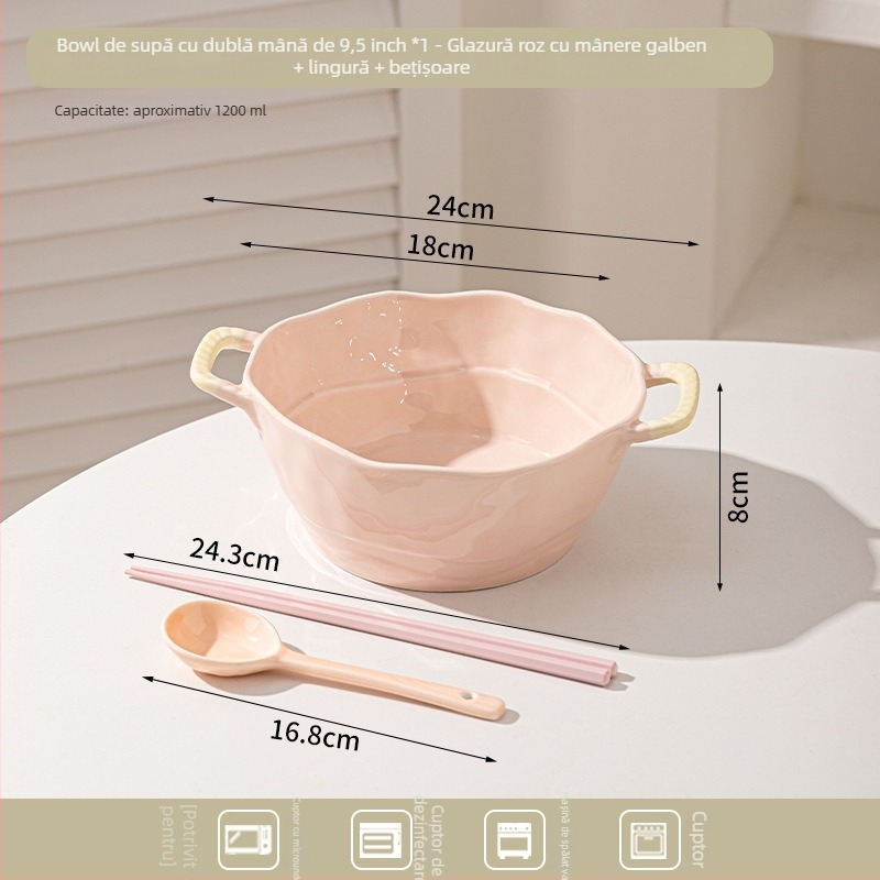 Bol ceramic cu două mânere pentru supă, tăiței, desert și salată; formă neregulată, finisaj glazurat, stil minimalist modern, potrivit pentru cuptorul cu microunde