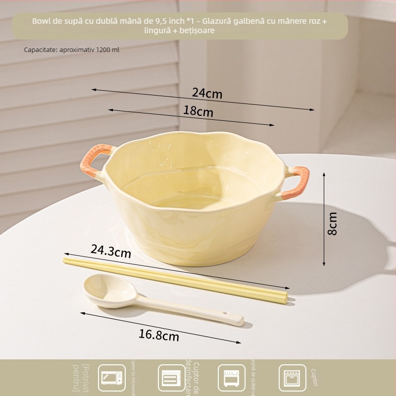 Bol ceramic cu două mânere pentru supă, tăiței, desert și salată; formă neregulată, finisaj glazurat, stil minimalist modern, potrivit pentru cuptorul cu microunde