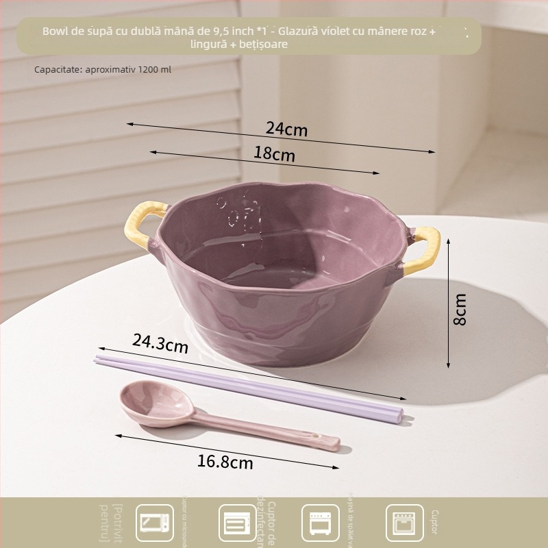 Bol ceramic cu două mânere pentru supă, tăiței, desert și salată; formă neregulată, finisaj glazurat, stil minimalist modern, potrivit pentru cuptorul cu microunde