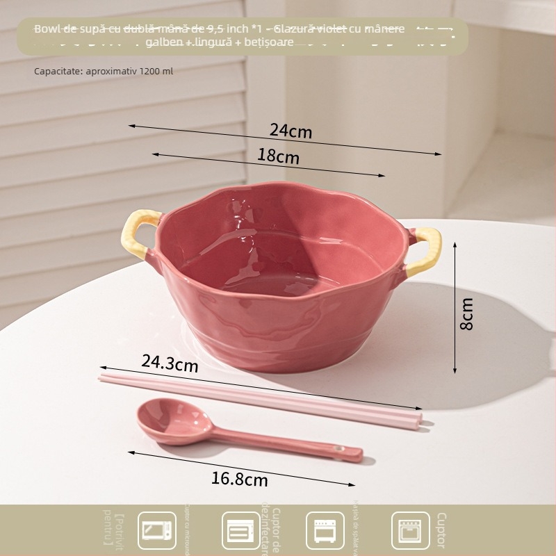 Bol ceramic cu două mânere pentru supă, tăiței, desert și salată; formă neregulată, finisaj glazurat, stil minimalist modern, potrivit pentru cuptorul cu microunde
