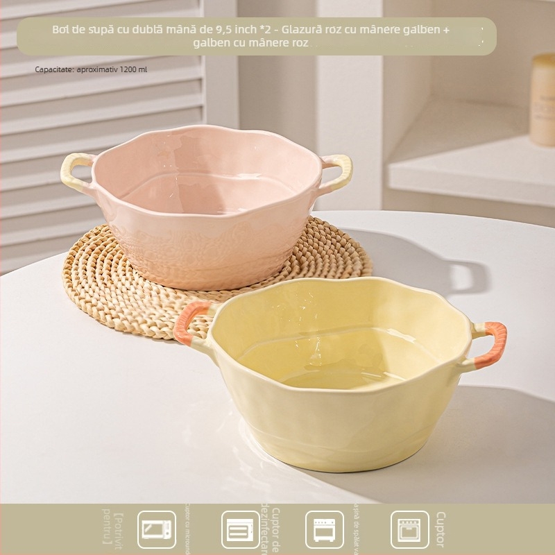 Bol ceramic cu două mânere pentru supă, tăiței, desert și salată; formă neregulată, finisaj glazurat, stil minimalist modern, potrivit pentru cuptorul cu microunde