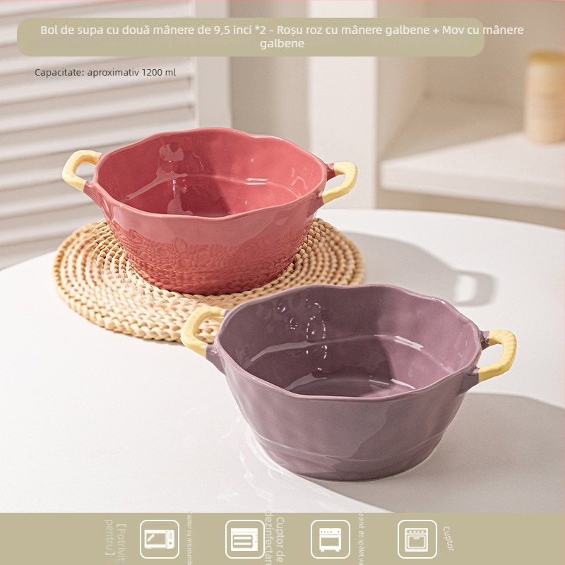 Bol ceramic cu două mânere pentru supă, tăiței, desert și salată; formă neregulată, finisaj glazurat, stil minimalist modern, potrivit pentru cuptorul cu microunde