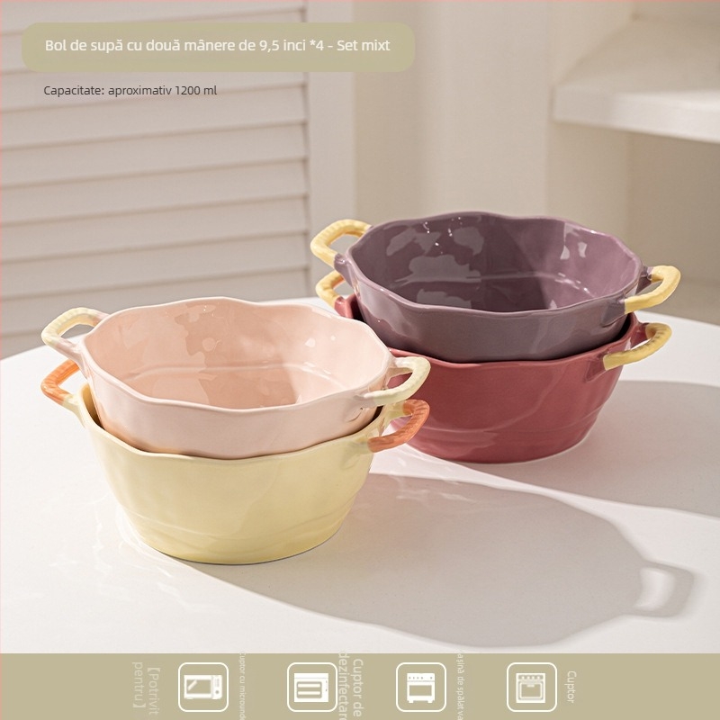 Bol ceramic cu două mânere pentru supă, tăiței, desert și salată; formă neregulată, finisaj glazurat, stil minimalist modern, potrivit pentru cuptorul cu microunde