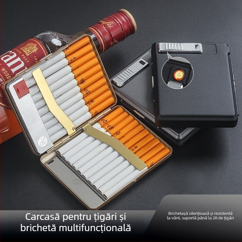 Carcasă metalică pentru țigări cu brichetă încorporată – încape 20 țigarete, imprimare siglă și personalizare; marca Cool Crown