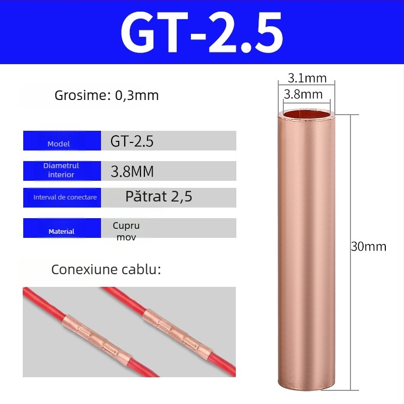 GT terminal din țeavă de cupru, conexiune prin presare la rece pentru conductoare, certificat CE, pentru instalații electrice