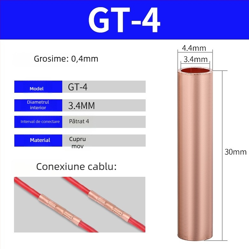 GT terminal din țeavă de cupru, conexiune prin presare la rece pentru conductoare, certificat CE, pentru instalații electrice
