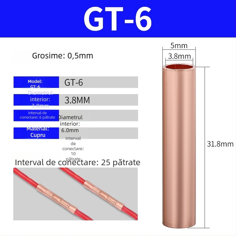 GT terminal din țeavă de cupru, conexiune prin presare la rece pentru conductoare, certificat CE, pentru instalații electrice