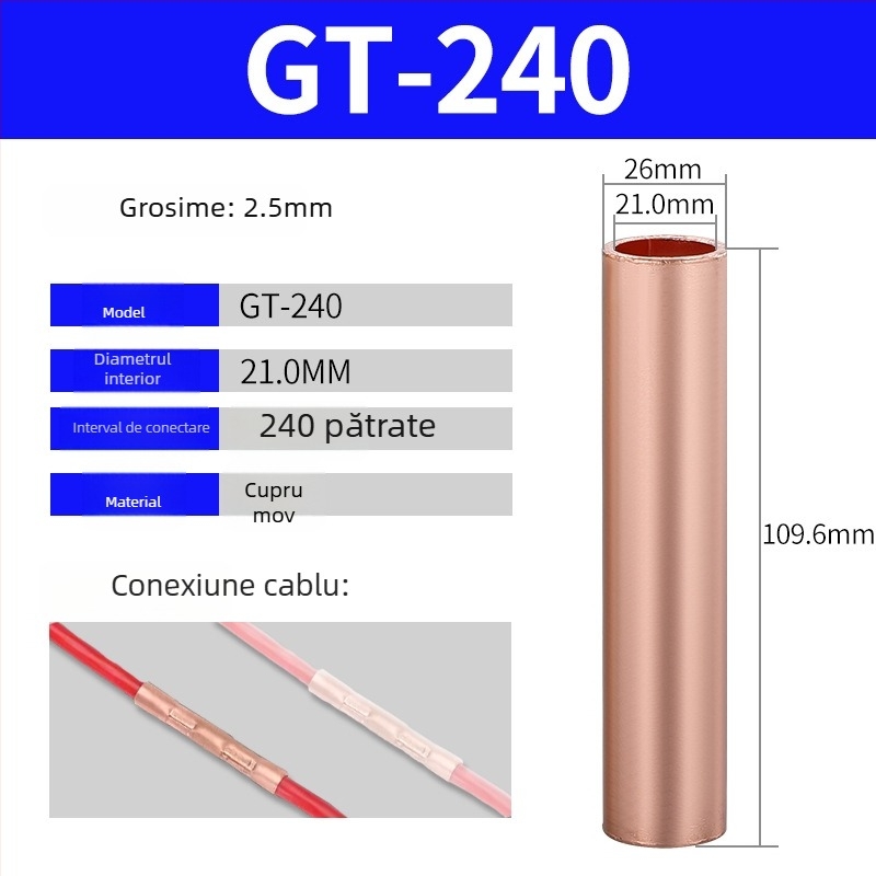 GT terminal din țeavă de cupru, conexiune prin presare la rece pentru conductoare, certificat CE, pentru instalații electrice