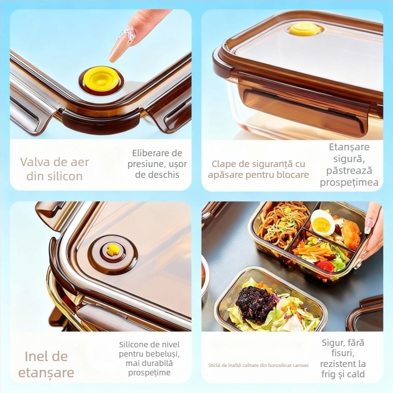 Cutie de prânz din sticlă borosilicată, compatibilă cu microunde, etanșă, izolată, cu capac