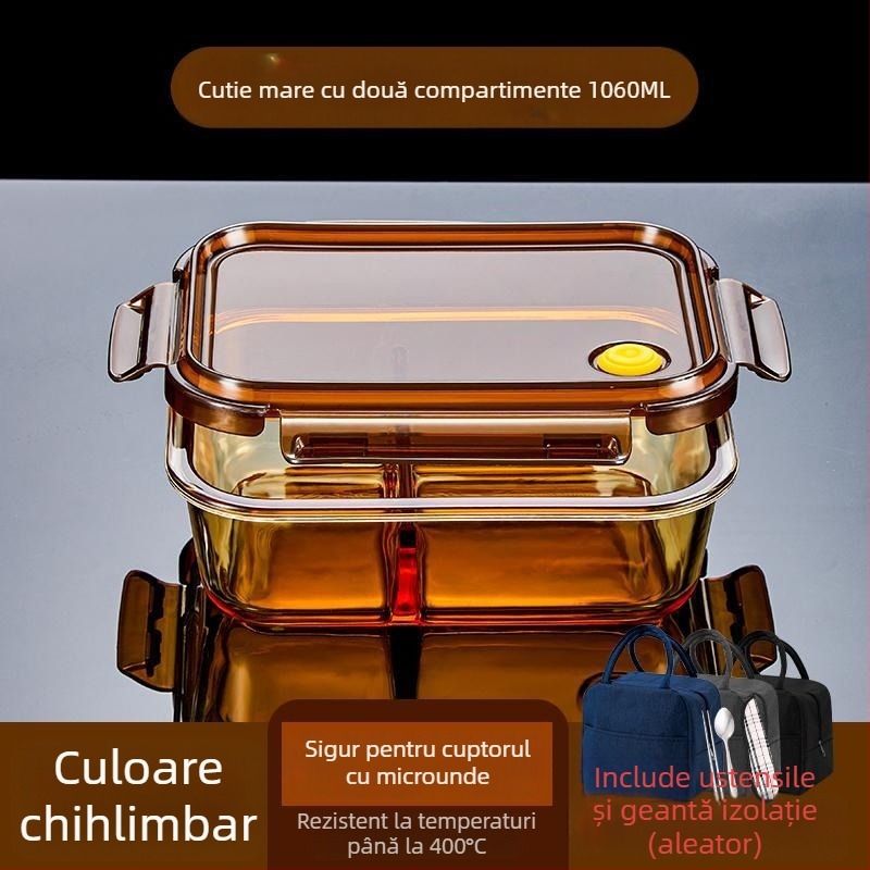 Cutie de prânz din sticlă borosilicată, compatibilă cu microunde, etanșă, izolată, cu capac