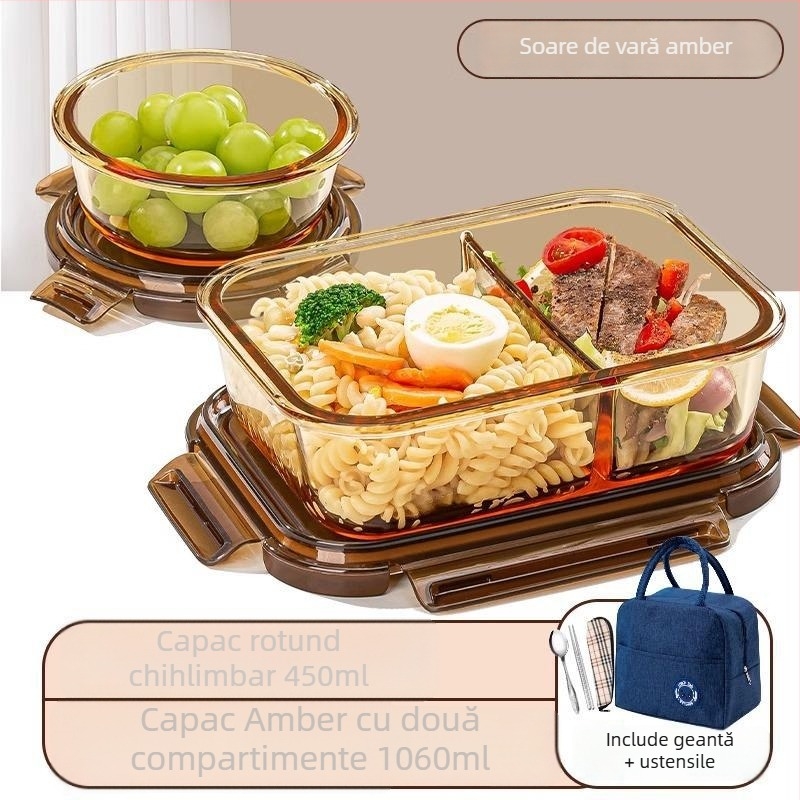 Cutie de prânz din sticlă borosilicată, compatibilă cu microunde, etanșă, izolată, cu capac
