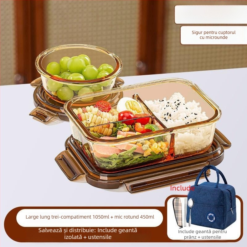 Cutie de prânz din sticlă borosilicată, compatibilă cu microunde, etanșă, izolată, cu capac
