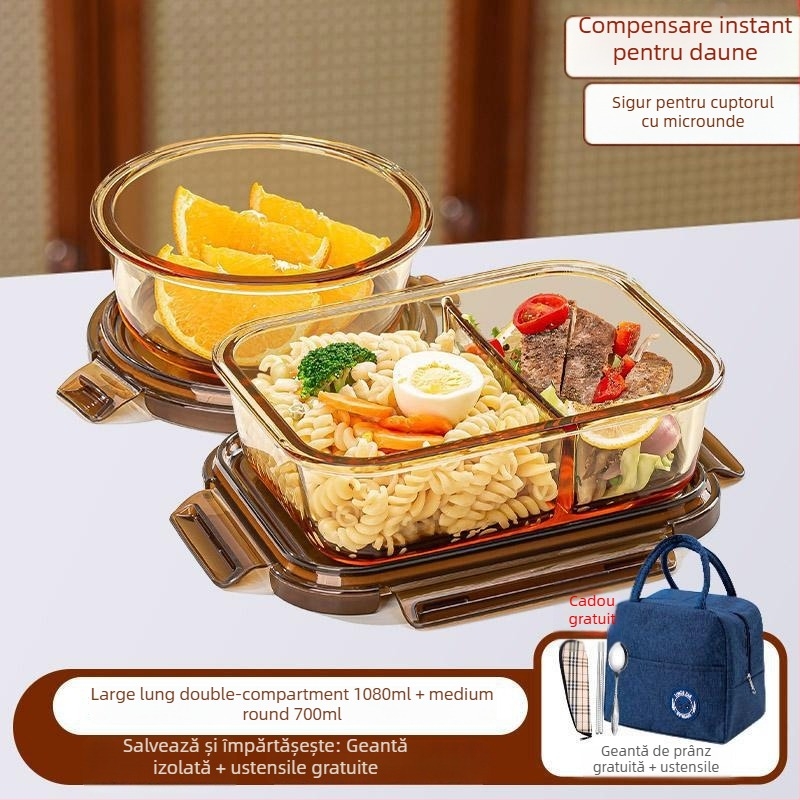 Cutie de prânz din sticlă borosilicată, compatibilă cu microunde, etanșă, izolată, cu capac