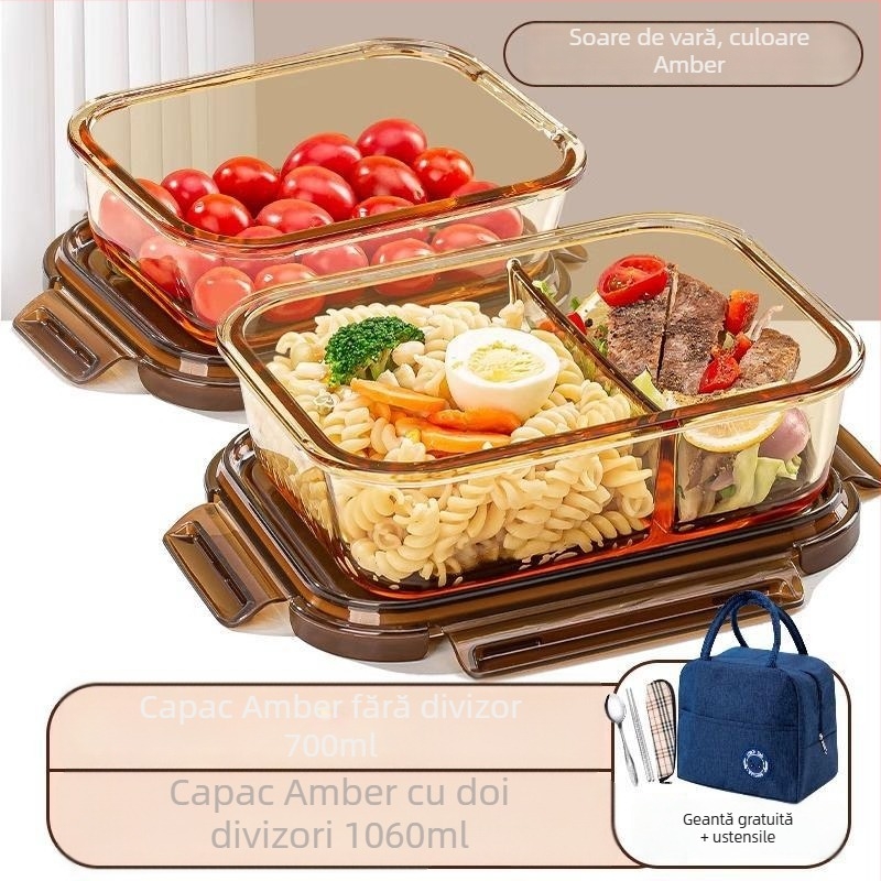 Cutie de prânz din sticlă borosilicată, compatibilă cu microunde, etanșă, izolată, cu capac