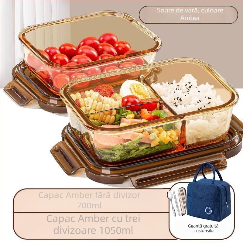 Cutie de prânz din sticlă borosilicată, compatibilă cu microunde, etanșă, izolată, cu capac