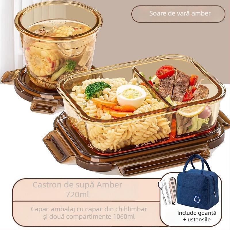 Cutie de prânz din sticlă borosilicată, compatibilă cu microunde, etanșă, izolată, cu capac