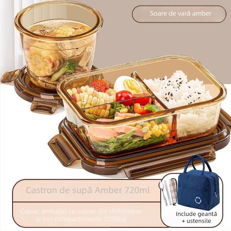 Cutie de prânz din sticlă borosilicată, compatibilă cu microunde, etanșă, izolată, cu capac