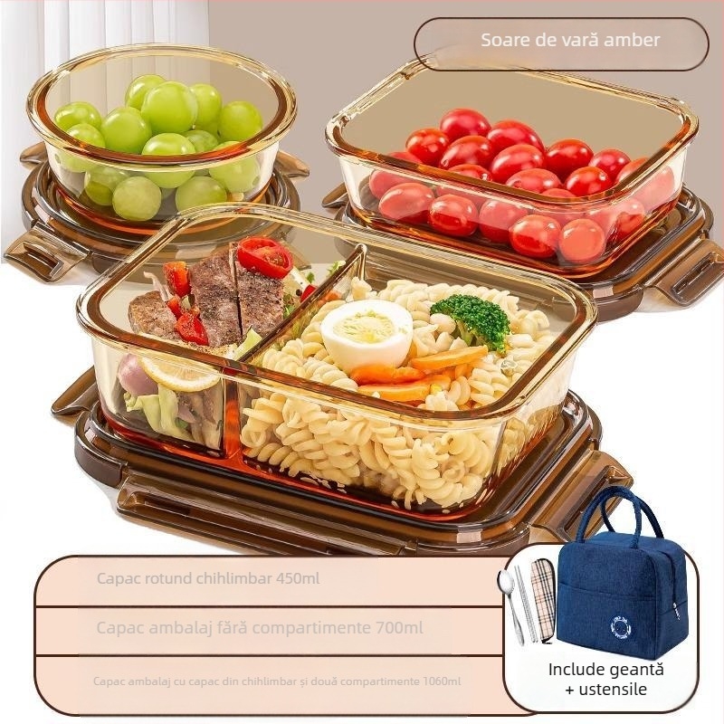 Cutie de prânz din sticlă borosilicată, compatibilă cu microunde, etanșă, izolată, cu capac