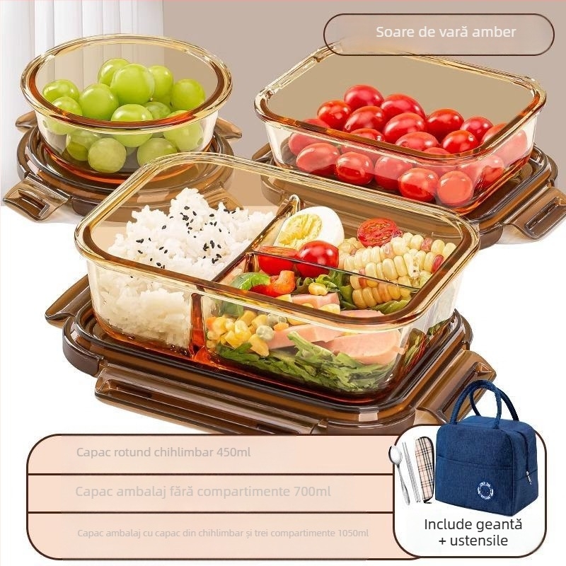 Cutie de prânz din sticlă borosilicată, compatibilă cu microunde, etanșă, izolată, cu capac