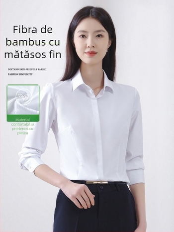 Bluză de damă cu mânecă lungă pentru toamnă, croială office, fără călcare, amestec bambus și poliester (30-50% fiecare), logo brodat, guler pătrat.