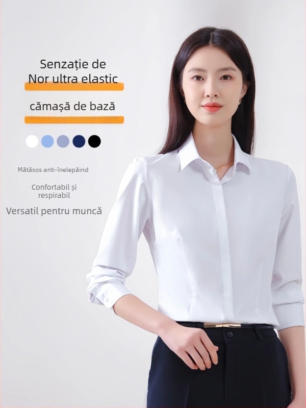 Bluză de damă cu mânecă lungă pentru toamnă, croială office, fără călcare, amestec bambus și poliester (30-50% fiecare), logo brodat, guler pătrat.