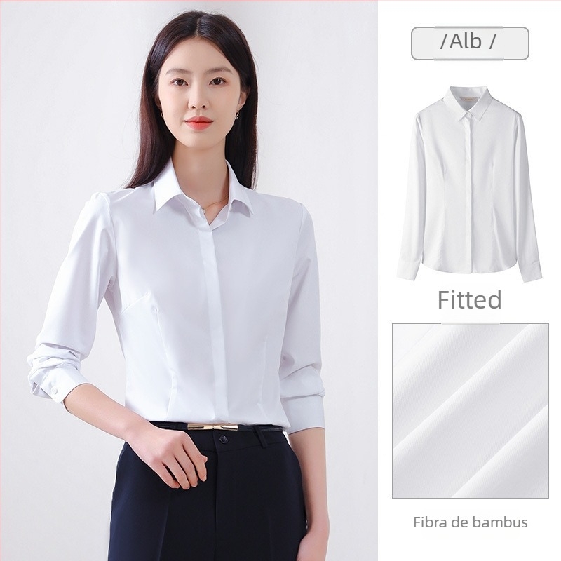 Bluză de damă cu mânecă lungă pentru toamnă, croială office, fără călcare, amestec bambus și poliester (30-50% fiecare), logo brodat, guler pătrat.