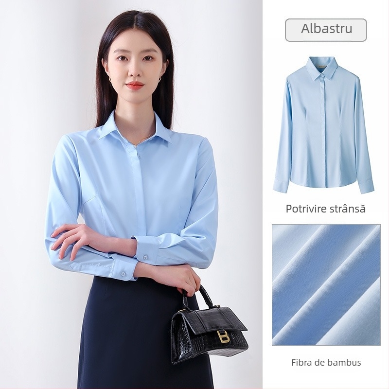 Bluză de damă cu mânecă lungă pentru toamnă, croială office, fără călcare, amestec bambus și poliester (30-50% fiecare), logo brodat, guler pătrat.