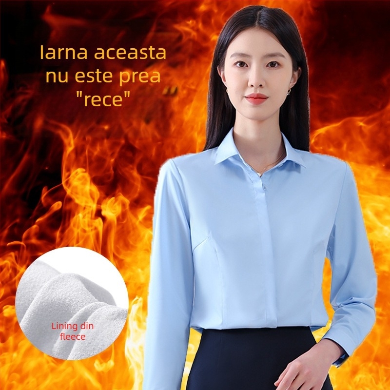 Bluză de damă cu mânecă lungă pentru toamnă, croială office, fără călcare, amestec bambus și poliester (30-50% fiecare), logo brodat, guler pătrat.