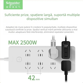 Schneider Electric prelungitor USB cu mai multe prize, 10A, 220V, 2000W, tip 86, noul standard național