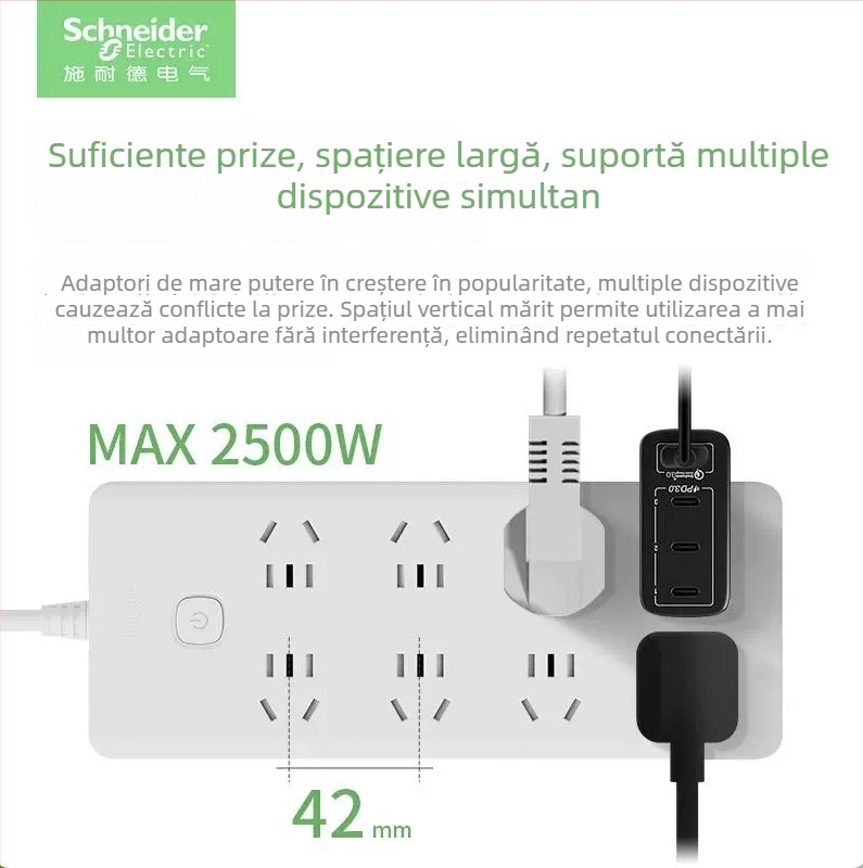 Schneider Electric prelungitor USB cu mai multe prize, 10A, 220V, 2000W, tip 86, noul standard național