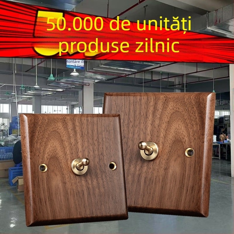 Panou priză de perete tip 86, seria Walnut Lever, lemn masiv nuc negru, manetă din cupru, 10A, 220V