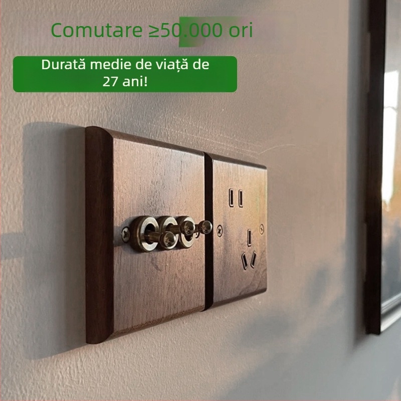 Panou priză de perete tip 86, seria Walnut Lever, lemn masiv nuc negru, manetă din cupru, 10A, 220V