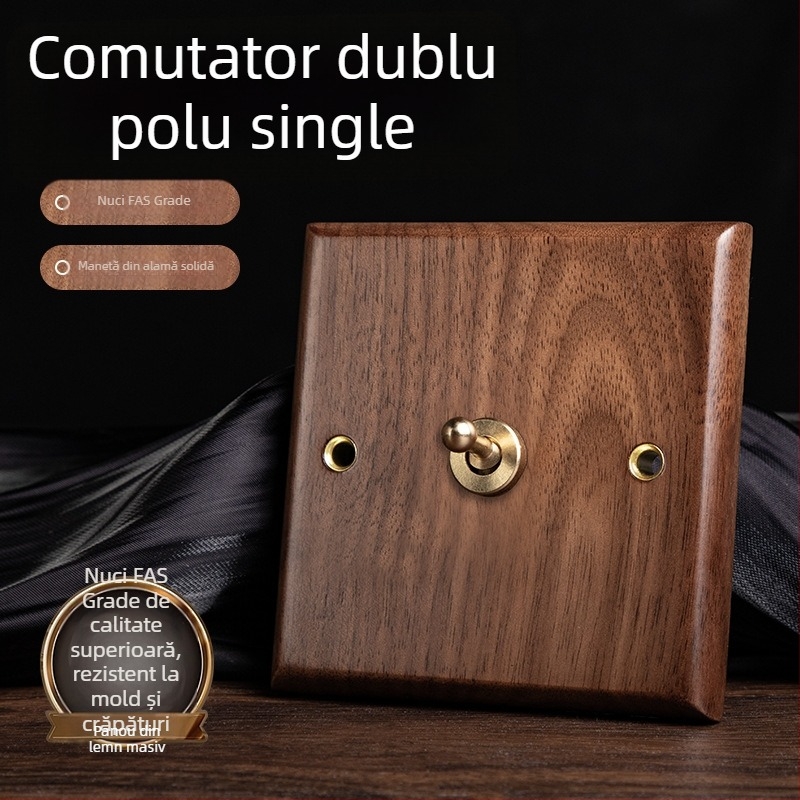 Panou priză de perete tip 86, seria Walnut Lever, lemn masiv nuc negru, manetă din cupru, 10A, 220V