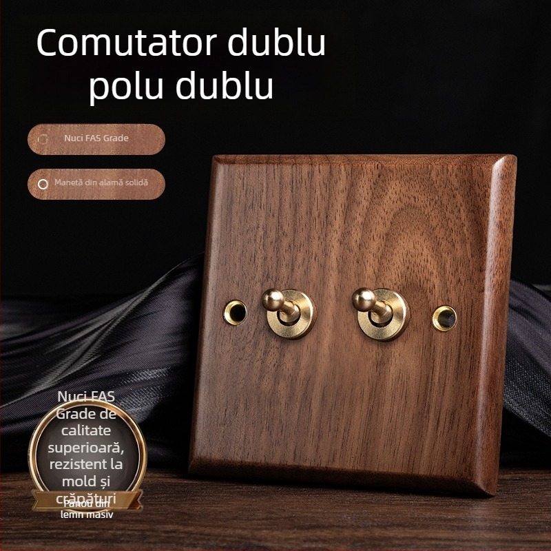 Panou priză de perete tip 86, seria Walnut Lever, lemn masiv nuc negru, manetă din cupru, 10A, 220V