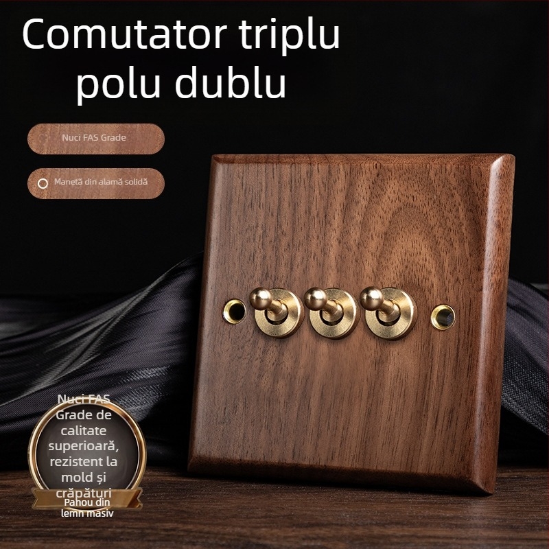 Panou priză de perete tip 86, seria Walnut Lever, lemn masiv nuc negru, manetă din cupru, 10A, 220V