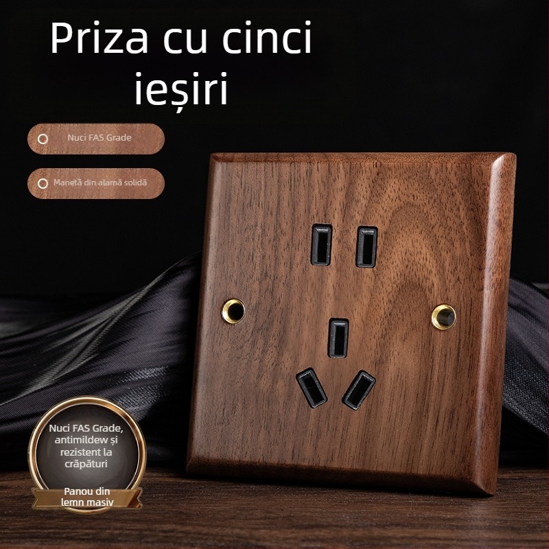 Panou priză de perete tip 86, seria Walnut Lever, lemn masiv nuc negru, manetă din cupru, 10A, 220V