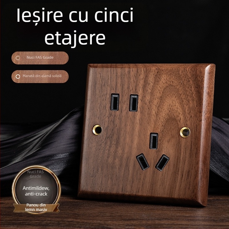 Panou priză de perete tip 86, seria Walnut Lever, lemn masiv nuc negru, manetă din cupru, 10A, 220V