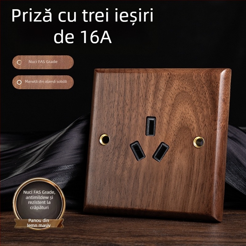 Panou priză de perete tip 86, seria Walnut Lever, lemn masiv nuc negru, manetă din cupru, 10A, 220V