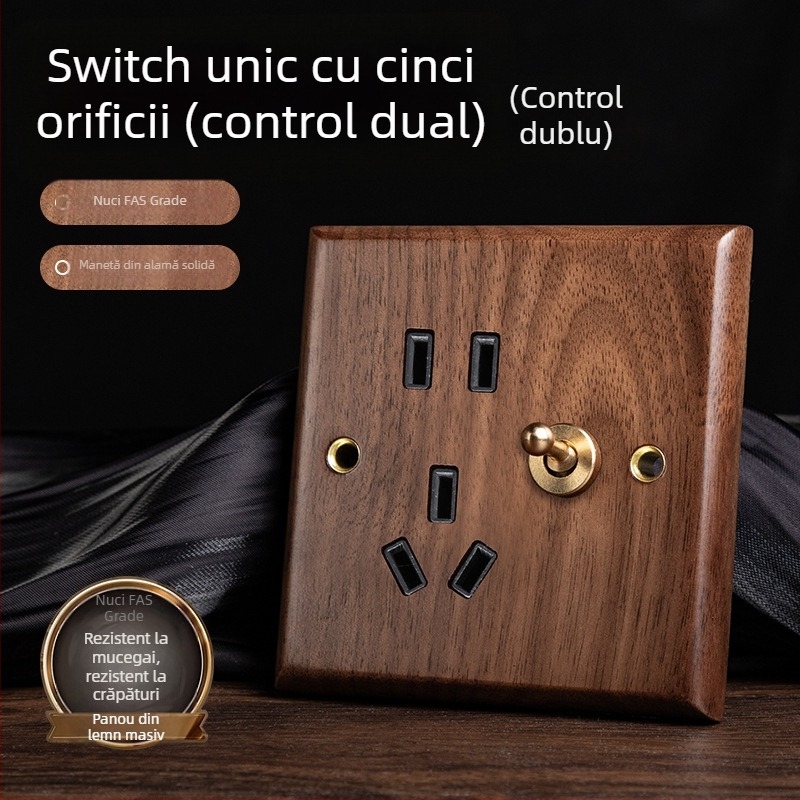 Panou priză de perete tip 86, seria Walnut Lever, lemn masiv nuc negru, manetă din cupru, 10A, 220V