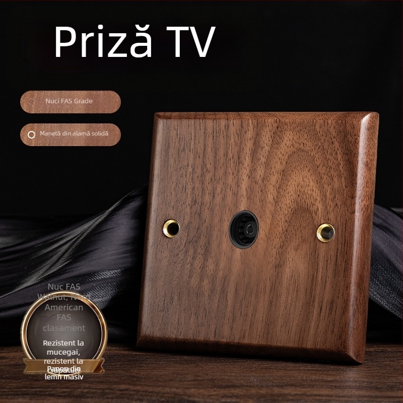 Panou priză de perete tip 86, seria Walnut Lever, lemn masiv nuc negru, manetă din cupru, 10A, 220V