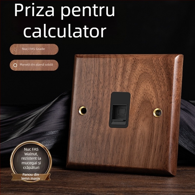 Panou priză de perete tip 86, seria Walnut Lever, lemn masiv nuc negru, manetă din cupru, 10A, 220V