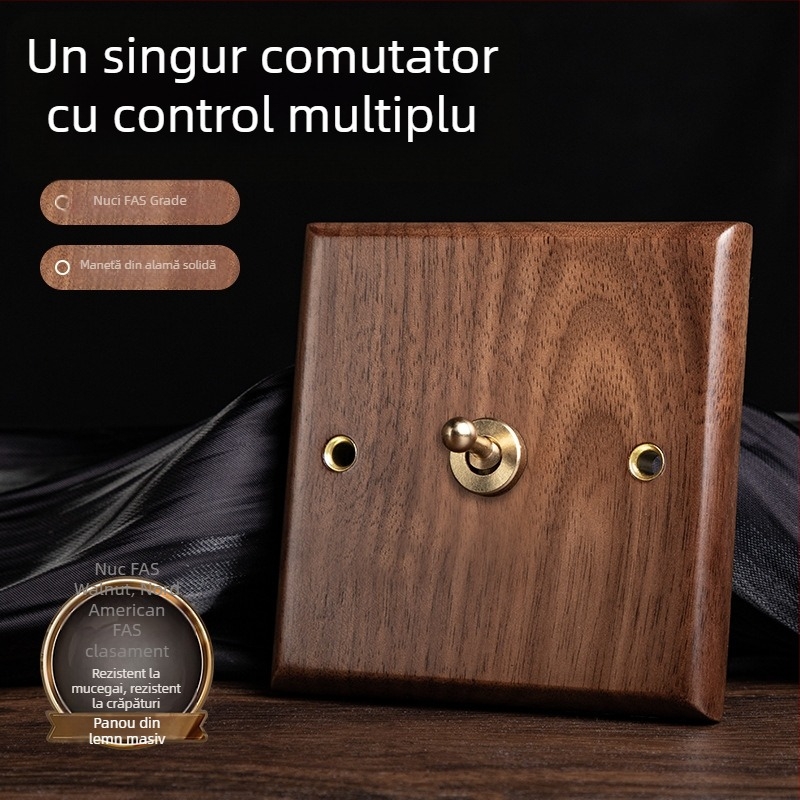 Panou priză de perete tip 86, seria Walnut Lever, lemn masiv nuc negru, manetă din cupru, 10A, 220V