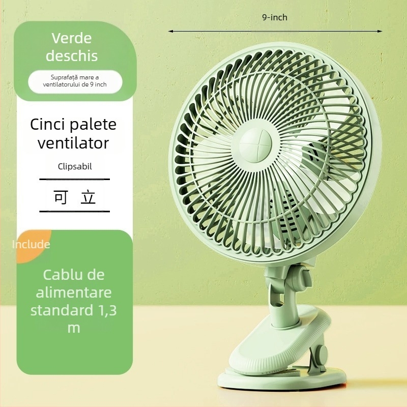Ventilator mini clip-on / de birou, cu montaj pe perete, 5 palete, motor AC, 2 viteze, alimentare la priză
