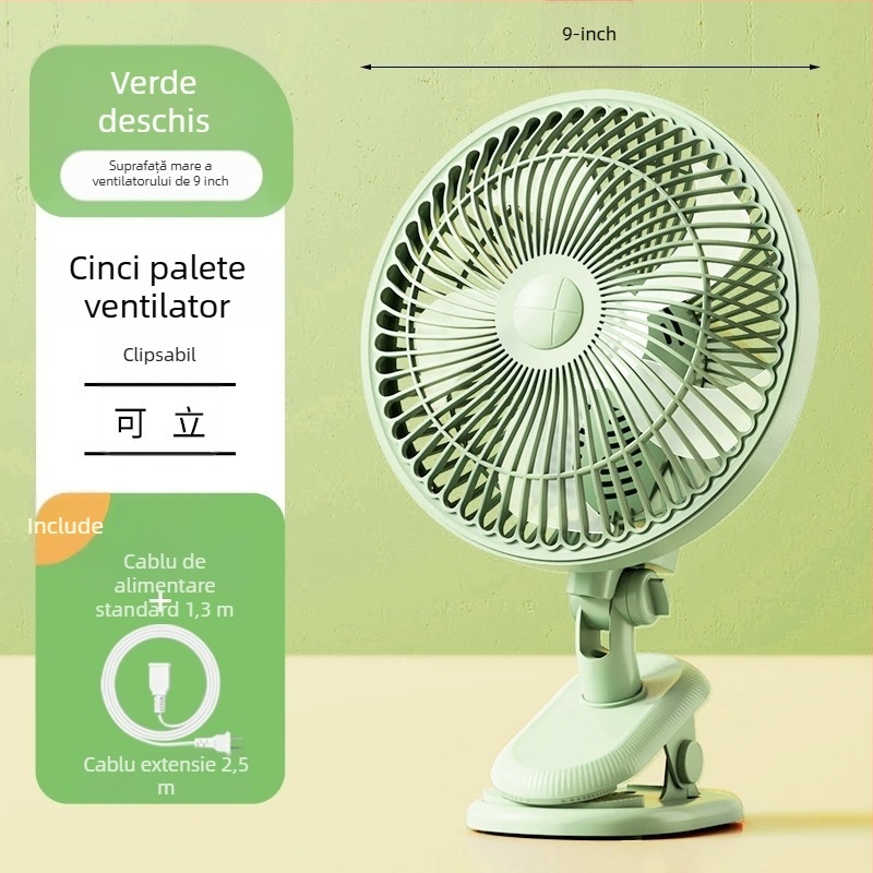 Ventilator mini clip-on / de birou, cu montaj pe perete, 5 palete, motor AC, 2 viteze, alimentare la priză