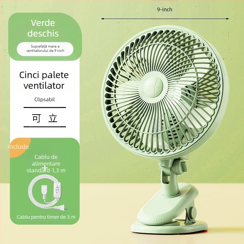 Ventilator mini clip-on / de birou, cu montaj pe perete, 5 palete, motor AC, 2 viteze, alimentare la priză