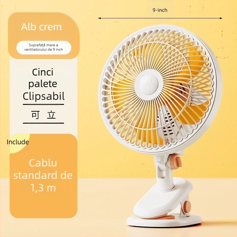 Ventilator mini clip-on / de birou, cu montaj pe perete, 5 palete, motor AC, 2 viteze, alimentare la priză