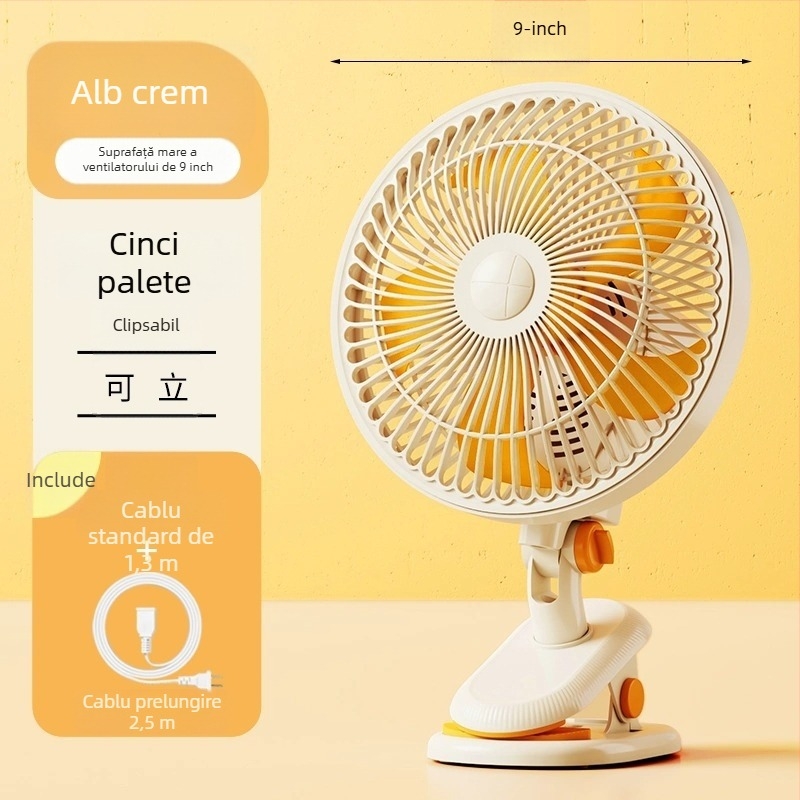 Ventilator mini clip-on / de birou, cu montaj pe perete, 5 palete, motor AC, 2 viteze, alimentare la priză