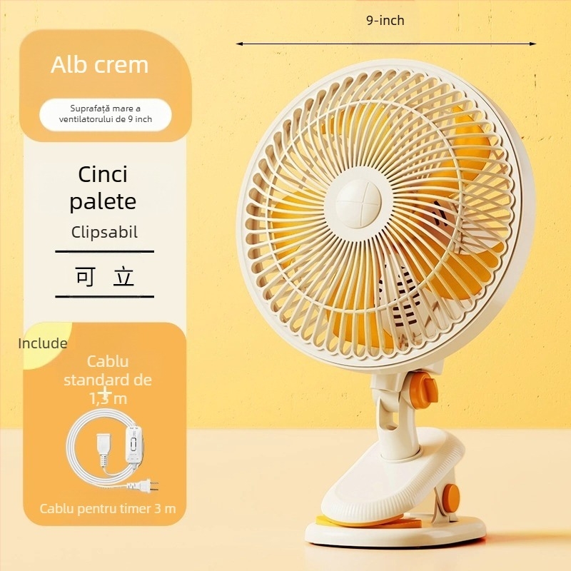 Ventilator mini clip-on / de birou, cu montaj pe perete, 5 palete, motor AC, 2 viteze, alimentare la priză