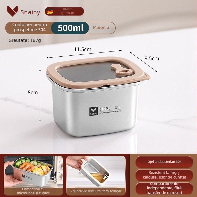 Cutie pentru prânz din oțel inoxidabil 304, cu capac, pătrată, de calitate alimentară, compatibilă cu microunde, capacitate 800–1000 ml