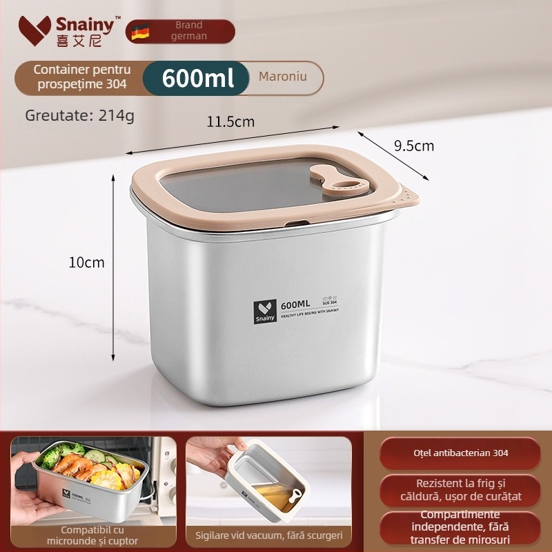 Cutie pentru prânz din oțel inoxidabil 304, cu capac, pătrată, de calitate alimentară, compatibilă cu microunde, capacitate 800–1000 ml
